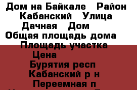 Дом на Байкале › Район ­ Кабанский › Улица ­ Дачная › Дом ­ 5 › Общая площадь дома ­ 23 › Площадь участка ­ 10 › Цена ­ 1 700 000 - Бурятия респ., Кабанский р-н, Переемная п. Недвижимость » Дома, коттеджи, дачи продажа   